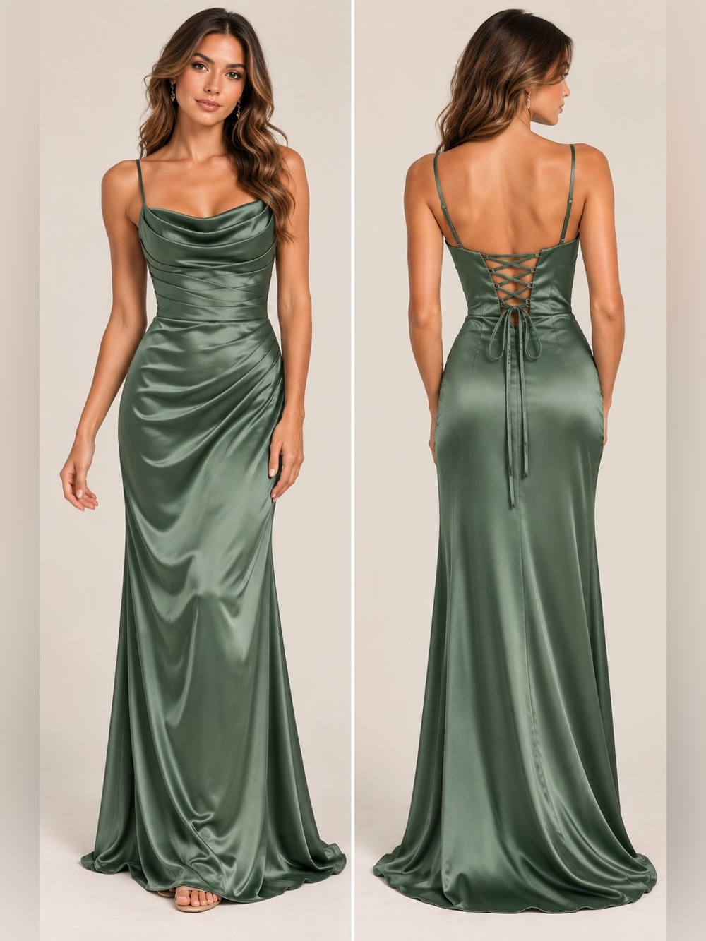 Sage Green Satin Cowl Neck Corset Back Formal Maxi Dress Size 6